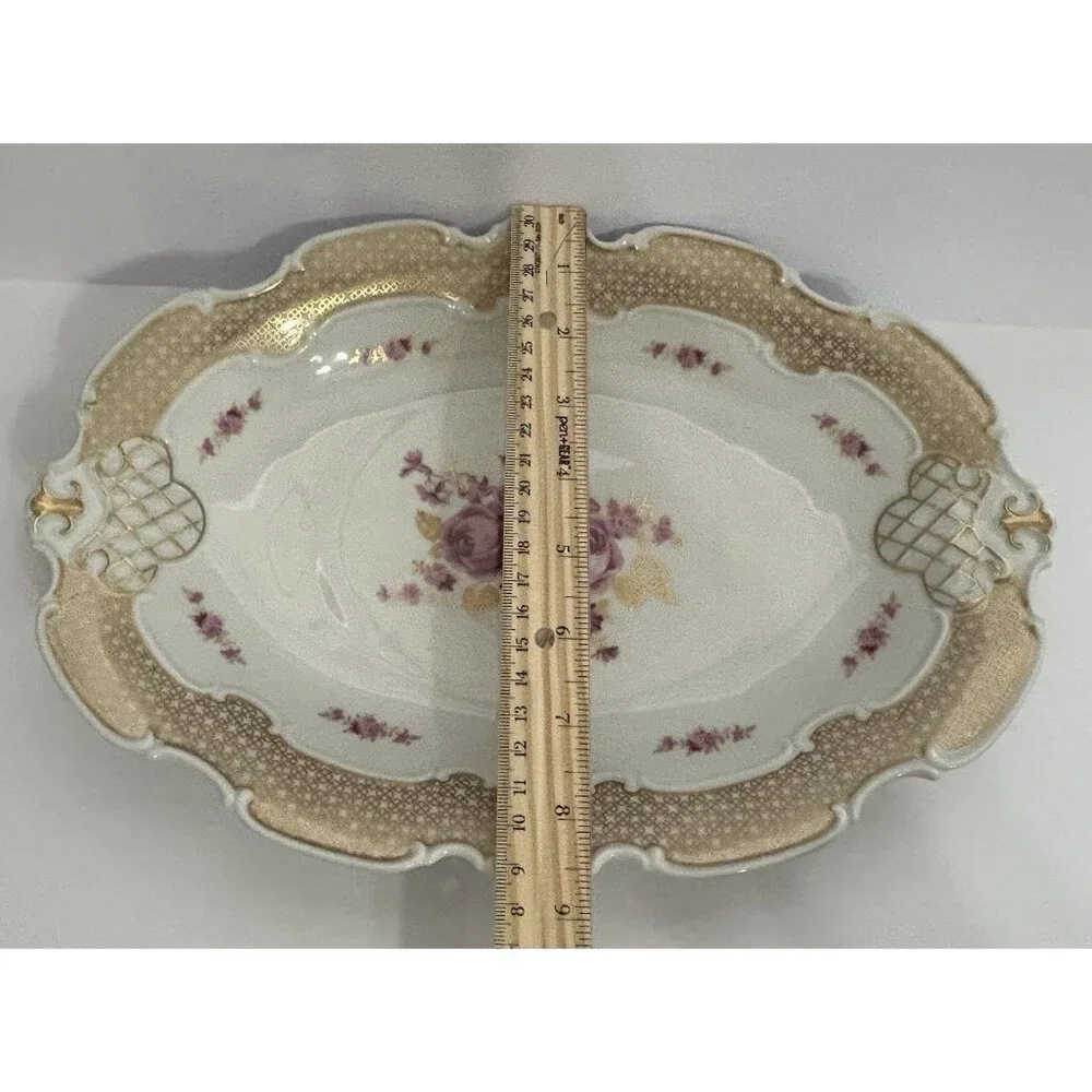Wallendorf 1764 Oblong Rose Pink and Gold Dish Porcelain Germany 13x9 Inches - Picture 8 of 10